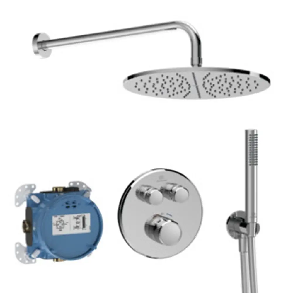 Armaturen-Paket von Ideal Standard mit Regenbrause, Wandarm, Steuerungselementen und Verbindungsteilen für die Dusche.